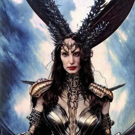 Image similar to head and shoulders portrait of an armored erinyes devil with huge bat wings, portrayed by gal gadot, d & d, fantasy, luis royo, magali villeneuve, donato giancola, wlop, krenz cushart, hans zatka, klimt, alphonse mucha