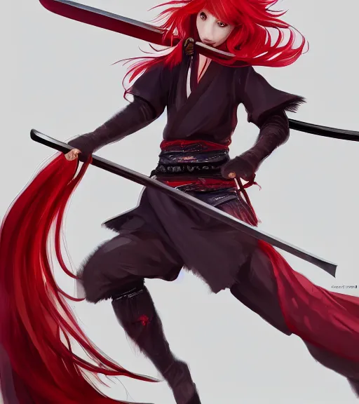 Image similar to a girl with red hair holding a katana, samurai outfit, japanese clothes, ponytail, action shot, highly detailed, digital painting, artstation, concept art, smooth, sharp focus, kunoichi, illustration