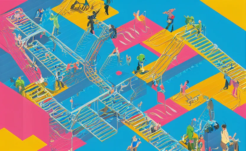 Prompt: chutes and ladders, centered award winning digital illustration, isometric illustration by beeple, edited by mc escher, detailed by raqib shaw, popsurrealism, symmetrically isometrically centered