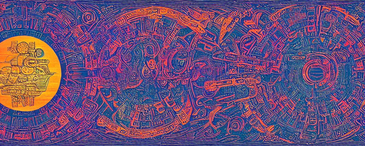 Prompt: futuristic space ship in a bold mayan and aztec aesthetic on the moon, by bang sangho, by bang sang, by alex grey, by nick sullo