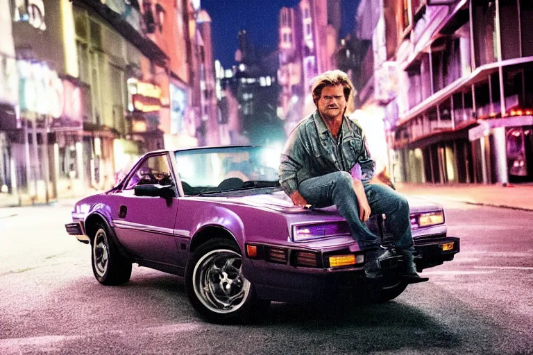 Prompt: 80s dressed Kurt Russel posing and in the background there two 80s sports cars parked on a deserted city street at night time, purple lighted street, wide angle, cinematic, retro-wave vibes, grainy, soft motion blur