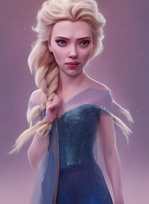 Image similar to Elsa from frozen portrait of Scarlett Johansson, au naturel, hyper detailed, digital art, trending in artstation, cinematic lighting, studio quality, smooth render, unreal engine 5 rendered, octane rendered, art style by klimt and nixeu and ian sprigger and wlop and krenz cushart