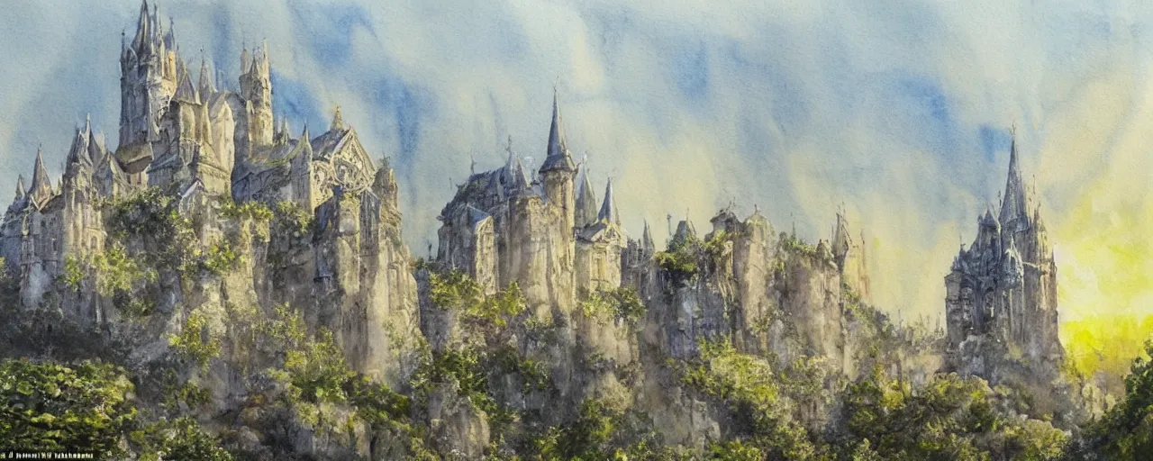 Prompt: white monastery with large tower upon sheer lime cliffs, a ray of sun illuminating, watercolour, high fantasy, extremely detailed