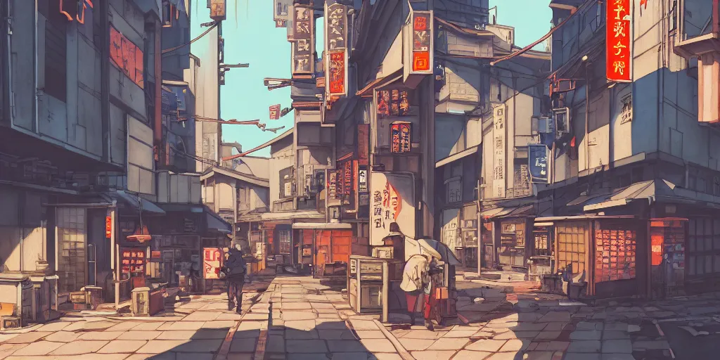 Image similar to japanese downtown, architecture, tokyo street, stylized, alleyway, in watercolor gouache detailed paintings, artstation, 8 k, big medium small, overwatch building, insanely detail, arcane, simon stalenhag, cyberpunk, food stall