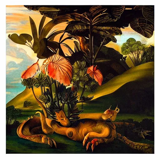Image similar to the landscape of an alien planet with strange plants and impossible animals. Painting in the style of Caravaggio. Beautiful and colorful.
