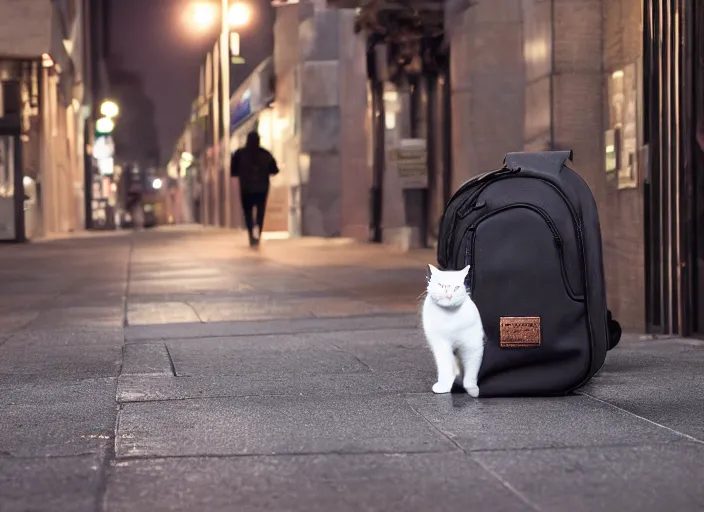 Image similar to photography of a Cat being carried in a backpack . in a new york street. award winning photo, led lighting, night, 130mm, sharp, high res