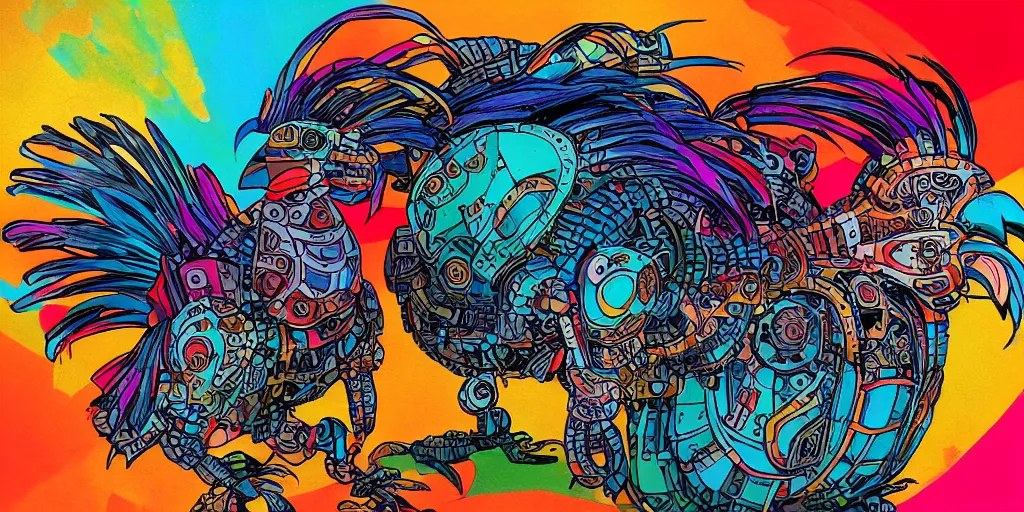 Image similar to colorful illustration of a fully armored mechanical rooster, diselpunk, mix of styles, style combination, studio ghibli color scheme