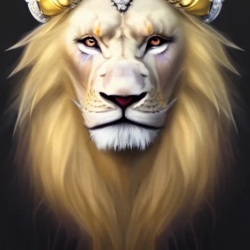 Image similar to a beautfiul aesthetic commission portrait of a anthro albino lion wearing a king's crown,attractive beautiful face,detailes face,expression,natural lighting,fantasy art,deviantart,artstation,character design by charles bowater,ross tran,4k,photorealistic