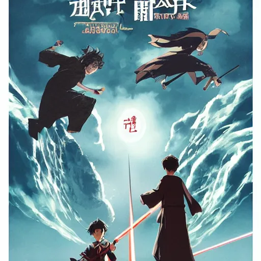 Prompt: poster for a film fantasy japanese animation called harry potter a new hope, 8 k, hd, dustin nguyen, akihiko yoshida, greg tocchini, greg rutkowski, cliff chiang, award winning, awesome composition