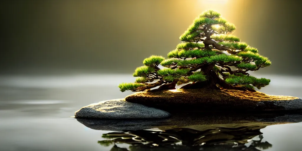 Prompt: photo bonsai fir on a small rock with shades of edges in the water, gold hour, soft lighting, light fog, medium shot, volumetric lighting, beautiful, ultra detailed, cgsociety by leesha hannigan, thierry doizon, kai carpenter, ignacio fernandez rios, 3 5 mm, fujifilm