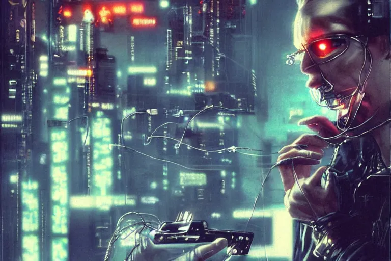 Prompt: man with wires on his head and a cigarette in his mouth, cyberpunk art by noriyoshi ohrai, behance contest winner, panfuturism, circuitry, darksynth, future tech