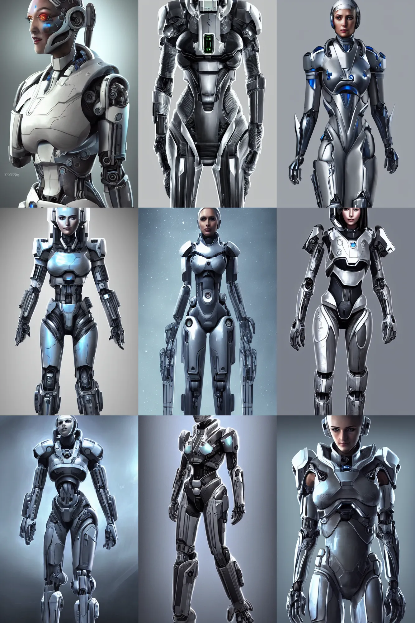 Prompt: a full body image of a futuristic streamlined exotic clean android with a beautiful face of a young woman, some mechanical parts exposed, halo, mass effect, starcraft, gears of war, hyper realistic, ultra detailed, artstation, deviantart