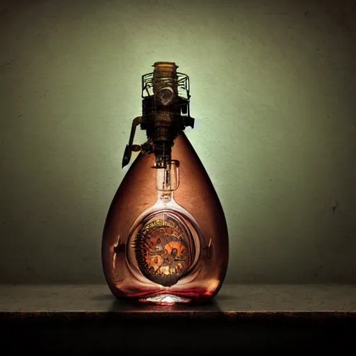 Image similar to a steampunk painting of a vintage purple potion bottle, lit by a single ray of sunlight in a dark dusty vintage science lab, by h. r. giger, hyperrealistic fantasy art, concept matte, ethereal, dreamy, digital art, trending on artstation, volumetric cinematic lighting