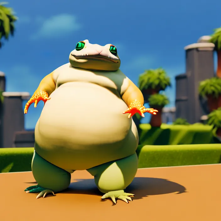 Image similar to a fat anthropomorphic male gecko fursona waddling across vrchat, cute, 3 d, octane render, furry