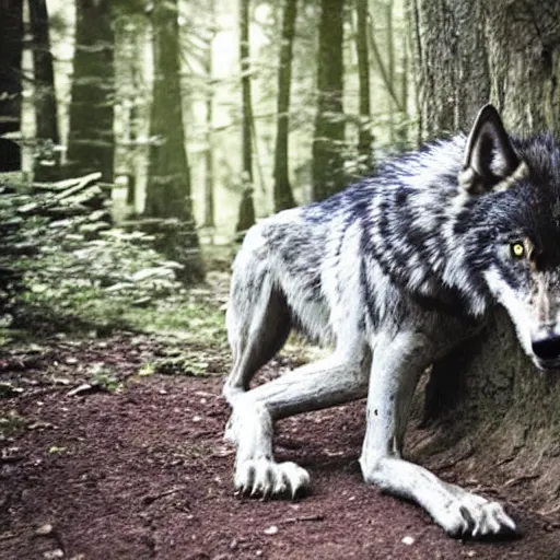 Image similar to werecreature consisting of a human and wolf, photograph captured in a forest