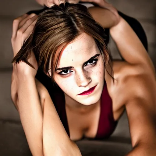 Image similar to Emma Watson full shot modeling as Lara Croft, (EOS 5DS R, ISO100, f/8, 1/125, 84mm, postprocessed, crisp face, facial features)