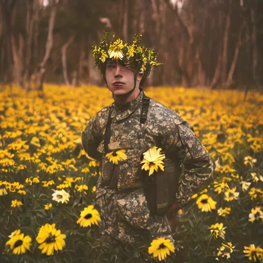 Image similar to close up kodak portra 4 0 0 photograph of a futuristic soldier in a flower crowd after the battle standing in dark forest, flower crown, moody lighting, telephoto, blurry background, faded