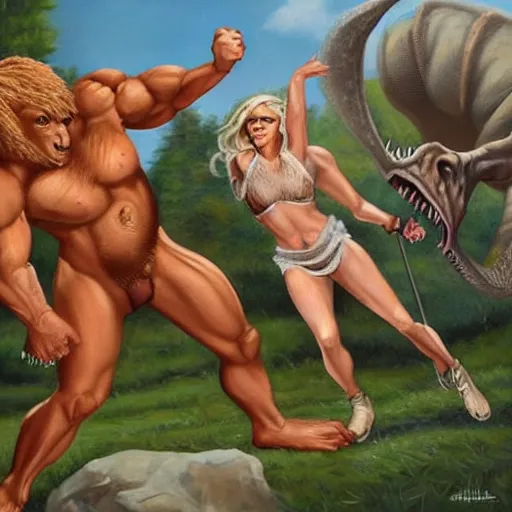 Image similar to a realistic muscular blonde neanderthal man fighting dinosaur, painting