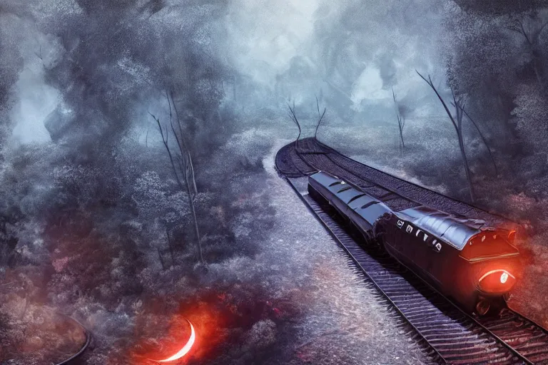 Prompt: devil train fiery black smoke locomotive blazing throguh dark forest, eerie moon eclipse, hyper realistic, ambient lighting, concept art, intricate, hyper detailed, smooth, dynamic volumetric lighting, octane, raytrace, cinematic, high quality, high resolution, 4 k, cgsociety, rutkowski, gurney