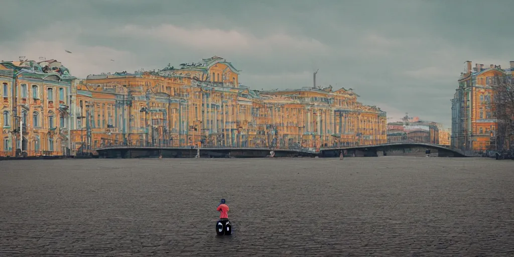 Image similar to cinematic street shot of a hoverboard flying floating city saint petersburg city, telephoto, anamorphic cinematography, beautiful composition, color theory, leading lines, photorealistic, moody volumetric lighting