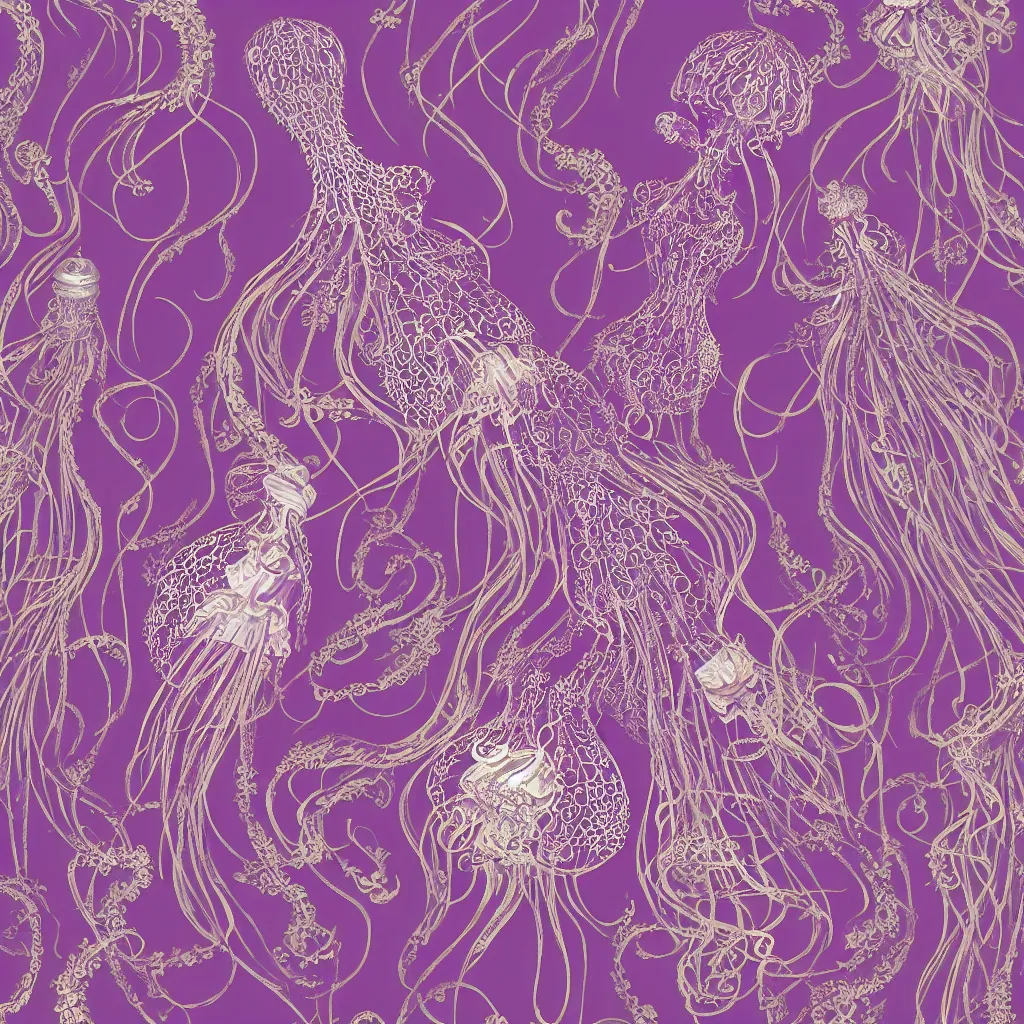 Image similar to purple dress design in the style of rococo ,Victorian era，jellyfish element,Goldenlace element,dreamy, soft ,Backlight ,luminescence,Aetherpunk,highly detailed,8k