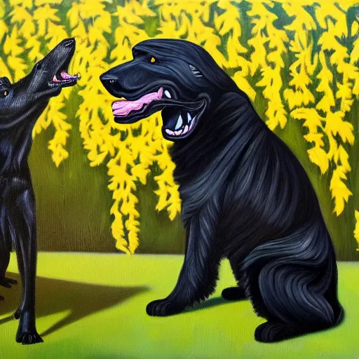 Image similar to realistic oil painting of a vicious black dog bearing its fangs next to brugmansia suaveolens flowers