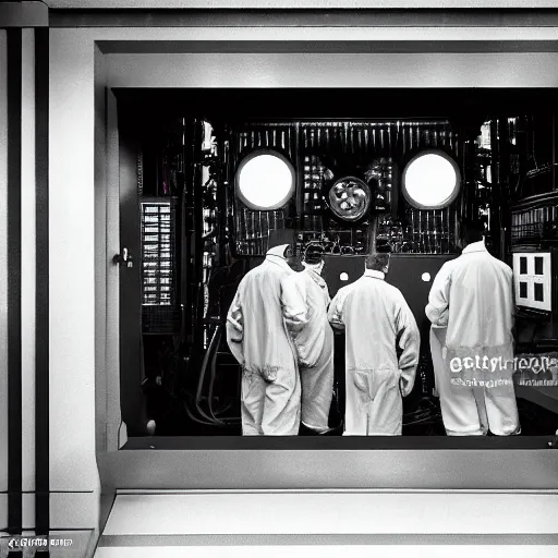 Prompt: Detailed cinematic moody photo of technicians in labcoats looking at the gagues inside the art deco inspired “control room A” of the Battersea Power Station