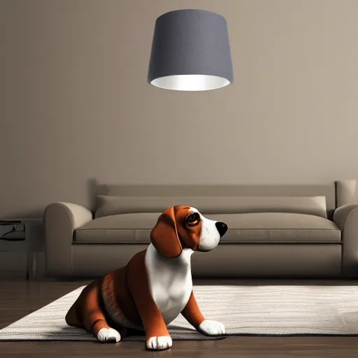 Image similar to a large lamp, shaped as a 3d beagle puppy head, placed in a large living room, art designers magazine HD photo superrealism 3d 8k resolution