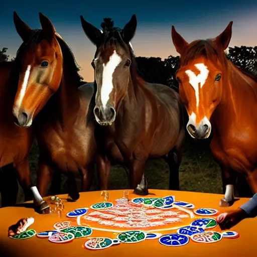 Prompt: a gang of horses playing black jack at night