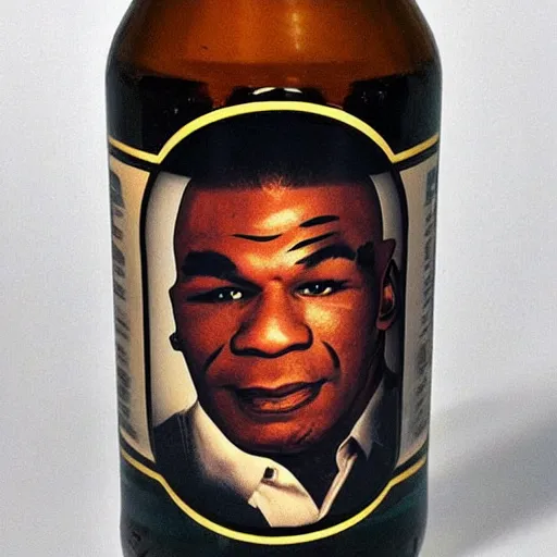 Prompt: a beer bottle with a reflection of mike tyson's face on it.