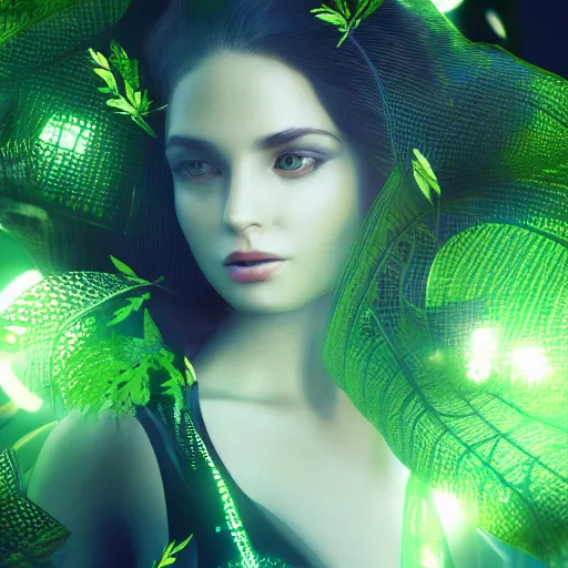 Prompt: a highly detailed digital image of a futuristic elegant woman wrapped with green leaves, artstation, extremely detailed woman, stunning volumetric lighting, 4k,