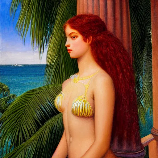 Image similar to a ultradetailed beautiful painting of a girl in the amazonas palace balustrade designed by edward robert hughes, tarsila do amaral, frank weston and gustave baumann, beach, trending on artstation, mediterranean, palm trees, detailed face, sharp focus, soft light, 8 k 4 k