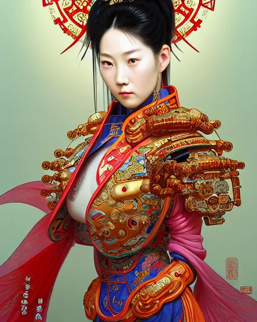 Image similar to portrait of a chinese cyberpunk machine, machine face, arms, upper half portrait, decorated with chinese opera motifs, regal, asian, fine china, wuxia, traditional chinese art intricate intense elegant 京 剧 highly detailed digital painting artstation concept art smooth sharp focus illustration, art by artgerm and greg rutkowski alphonse mucha 8 k