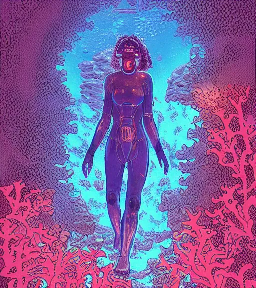 Image similar to a cyberpunk diver Polynesian woman swims through a dark bioluminescent alien coral reef, techwear, Industrial Scifi, detailed illustration, character portrait, by Martin Grip and Moebius