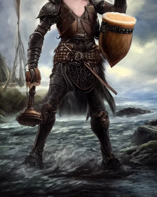 Image similar to Young man, lanky, pale, short black hair, wearing armor made of leather, holding a tankard of ale, digital art, realistic, detailed, trending on artstation, sea in the background