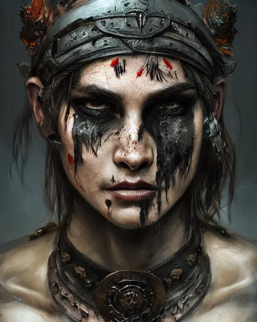 Prompt: Barbarian warrior, strong, portrait, intricate tattoos, war paint, detailed, volumetric lighting, scenery, digital painting, highly detailed, artstation, sharp focus, illustration, concept art, ruan jia, steve mccurry