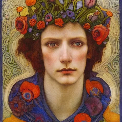 Image similar to the flower prince wearing the bone crown, by Annie Swynnerton and Diego Rivera and Elihu Vedder, symbolist, dramatic lighting, elaborate geometric ornament, Art Brut, soft cool colors,smooth, sharp focus, extremely detailed, Adolf Wölfli and Evelyn De Morgan