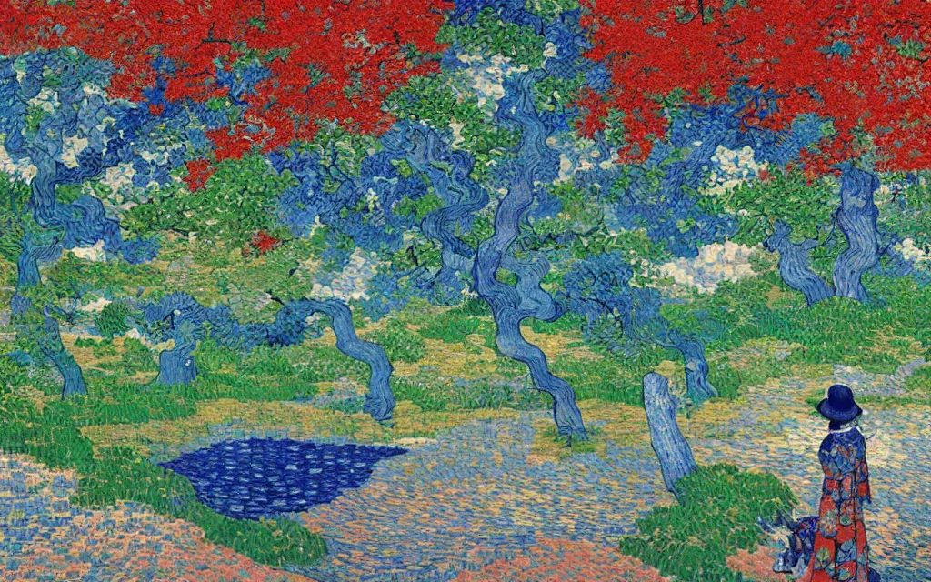 Prompt: a beautiful quiet park in fukuoka, fractal cubes. japanese embroidery. retro minimalist art by jean giraud and van gogh.