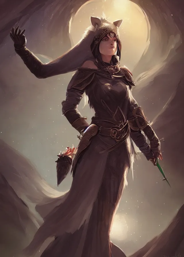 Image similar to a noble knight women raise her hand to summon her raccoon spirit with magical detail above her, by artgerm, charlie bowater, inspired by dragon age inquisition featured on artstation