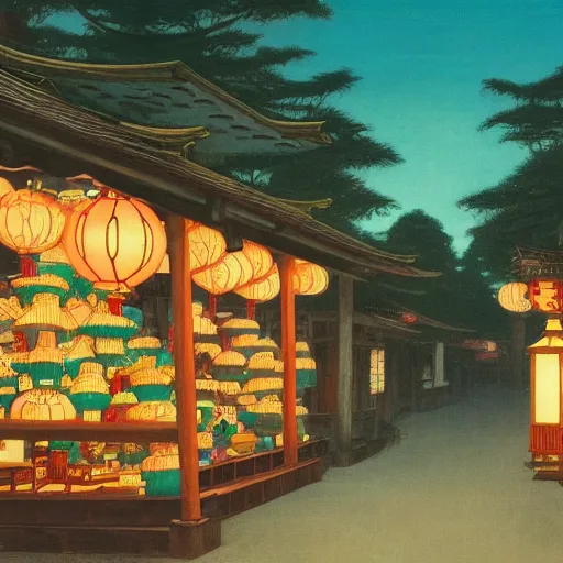 Image similar to japanese paper lantern shop on a fancy street in a japanese village during the day, lush plants, magic details, by moebius, edward hopper, james gilleard, and james jean, hd, 8 k, trending on artstation, uhd,