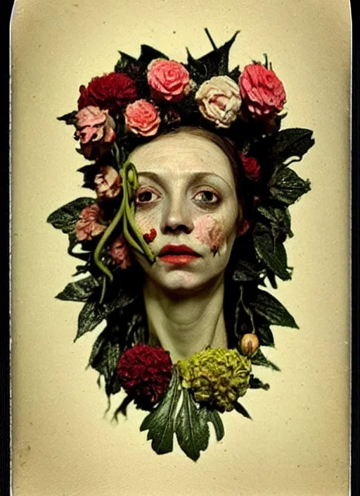 Image similar to beautiful and detailed rotten woman made of plants and many types of stylized flowers like carnation, chrysanthemum, roses and tulips, intricate, surreal, john constable, guy denning, gustave courbet, caravaggio, romero ressendi 1 9 1 0 polaroid photo