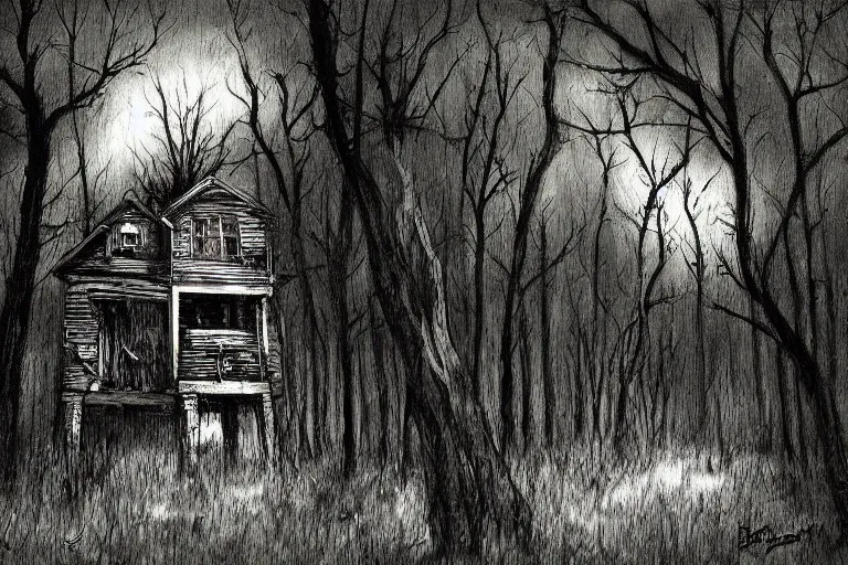 Image similar to mad horror painting of a cabine in the woods by ben templesmith