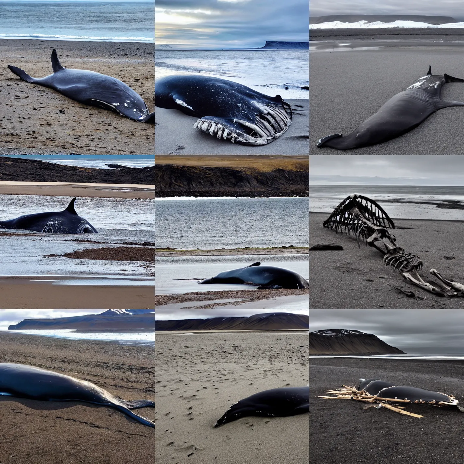Prompt: A photo of a whale skeleton stranded in a beach in Iceland