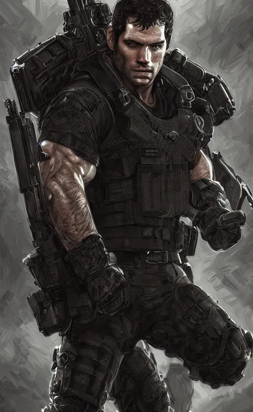 Image similar to portrait of henry cavill as chris redfield, resident evil, pistol, upper body, henry cavill!!!, fantasy, intricate, elegant, highly detailed, digital painting, artstation, concept art, smooth, sharp focus, illustration, art by artgerm and greg rutkowski and alphonse mucha