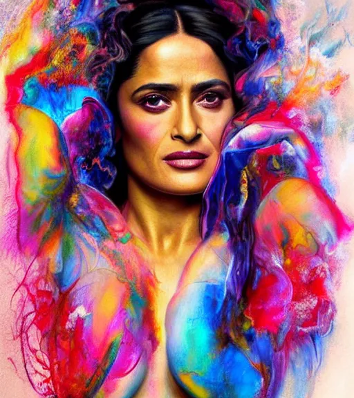 Image similar to beautiful painting of salma hayek by dariusz zawadski, contemporary, creepy, colorful acrylic, airbrush painting, realistic portrait by kehinde wiley and archan nair, colored pencil sketch, hyperrealism, pastel chalk, oilpastels