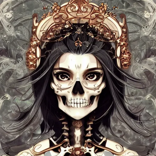 Image similar to anime manga skull portrait young woman skeleton, halo, cerub, religious, intricate, elegant, highly detailed, digital art, ffffound, art by JC Leyendecker and sachin teng