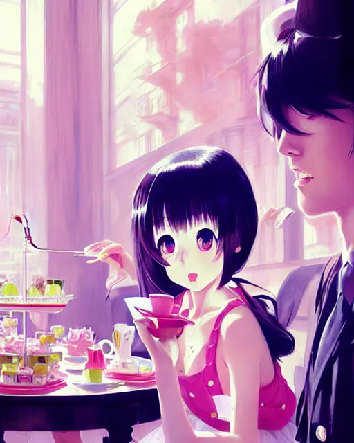 Image similar to cute girl wearing tank suit in a tea party. | very very anime!!!, fine - face, audrey plaza, realistic shaded perfect face, fine details. anime. realistic shaded lighting poster by ilya kuvshinov katsuhiro otomo ghost, magali villeneuve, artgerm, jeremy lipkin and michael garmash and rob rey