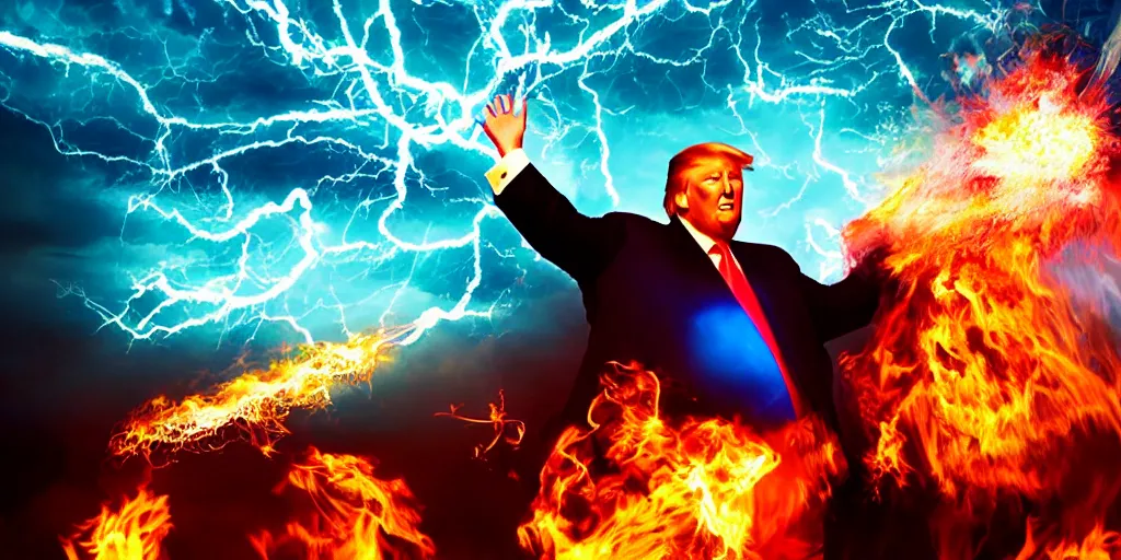 Prompt: obese donald trump casting fireballs, colorful hd picure, lightning in the background