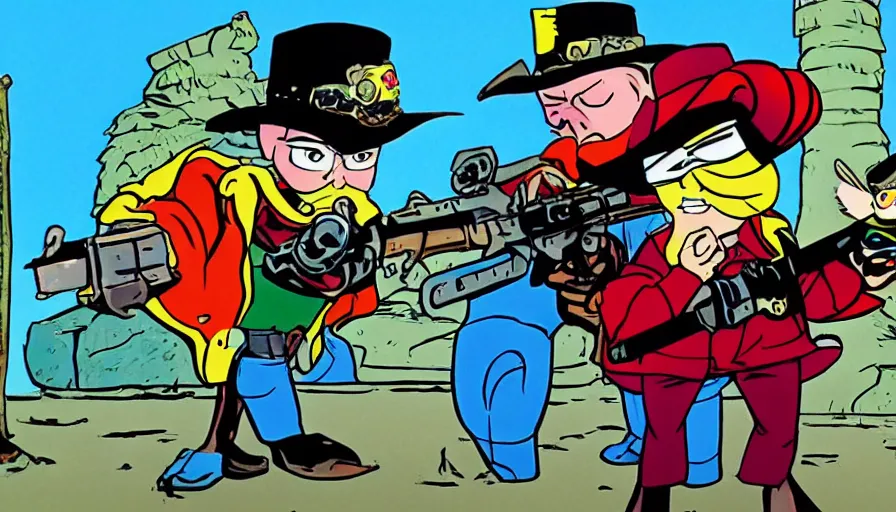 Prompt: saturday morning cartoon show about an wild west owl dressed up as a gunslinger vigilante with a eye mask, screenshot from 1990s animated show