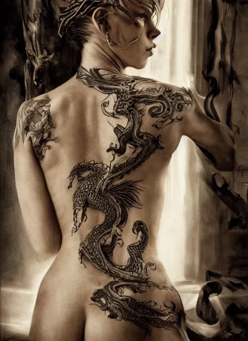 Image similar to the girl with the dragon tattoo, intricate photo, elegant, wlop, beautiful body, by joseph christian leyendecker